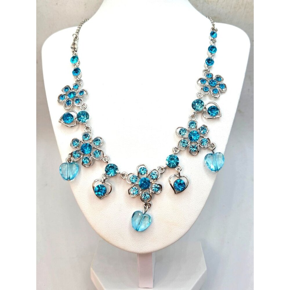 Blue Crystal Floral Heart Charm Necklace Statement Silver-Tone